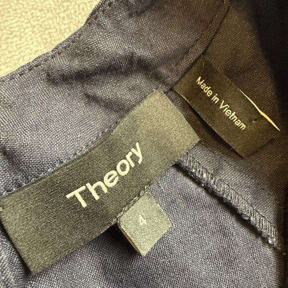 Theory Women’s Sz 4 Navy Blue Linen Blend Lace Back Raglan Shift Dress - Picture 2 of 5